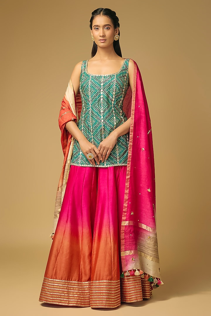 Fuchsia Pink & Coral Orange Chanderi Silk Flared Wedding Sharara Set by LOKA By Veerali Raveshia at Pernia's Pop Up Shop