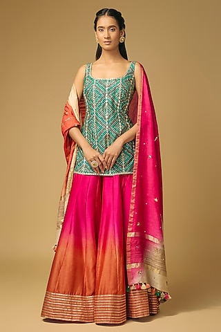 Fuchsia Pink & Coral Orange Chanderi Silk Flared Sharara Set by LOKA By Veerali Raveshia