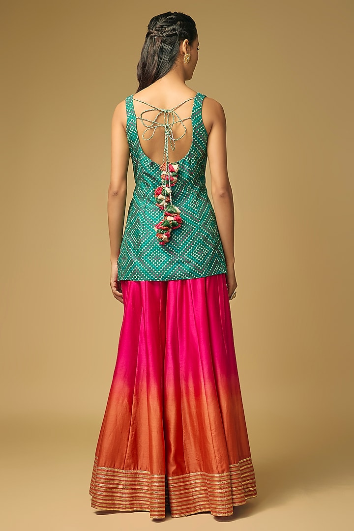 Fuchsia Pink & Coral Orange Chanderi Silk Flared Wedding Sharara Set by LOKA By Veerali Raveshia at Pernia's Pop Up Shop