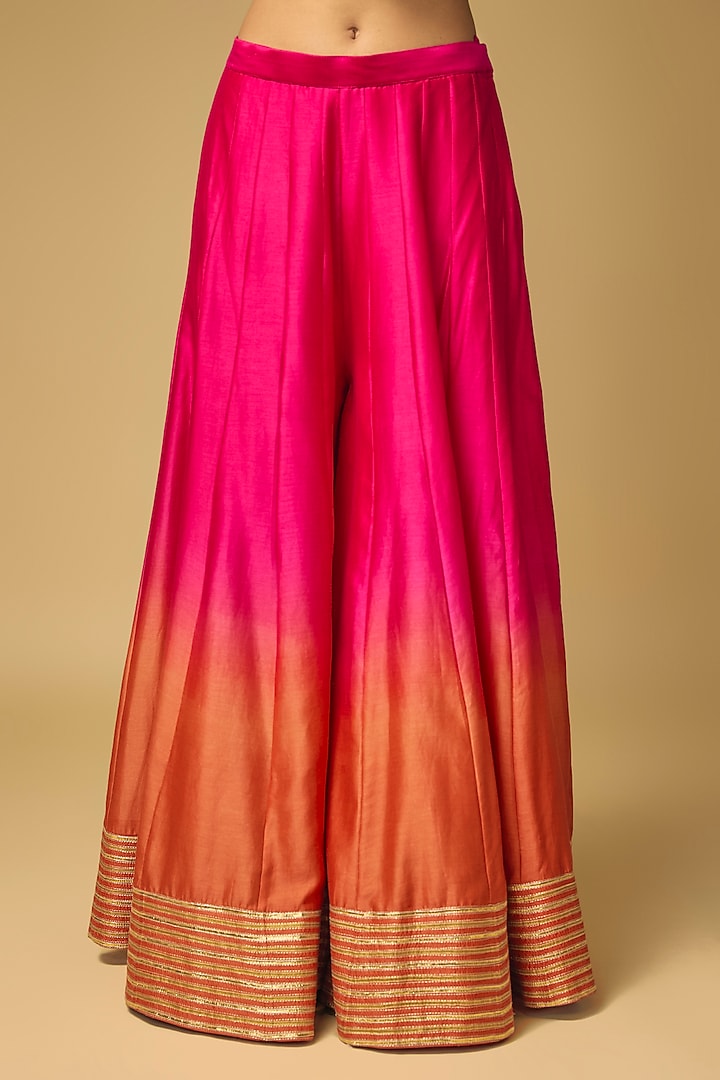 Fuchsia Pink & Coral Orange Chanderi Silk Flared Wedding Sharara Set by LOKA By Veerali Raveshia at Pernia's Pop Up Shop