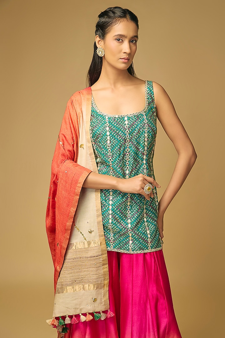 Fuchsia Pink & Coral Orange Chanderi Silk Flared Wedding Sharara Set by LOKA By Veerali Raveshia at Pernia's Pop Up Shop