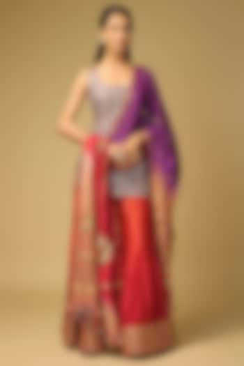Purple & Coral Orange Chanderi Silk Flared Wedding Sharara Set by LOKA By Veerali Raveshia at Pernia's Pop Up Shop