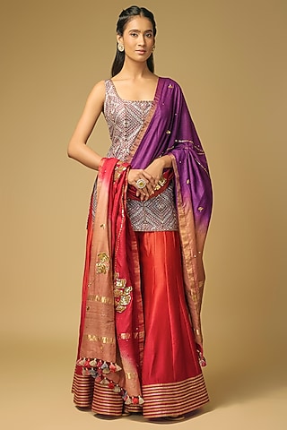 Purple & Coral Orange Chanderi Silk Flared Sharara Set by LOKA By Veerali Raveshia