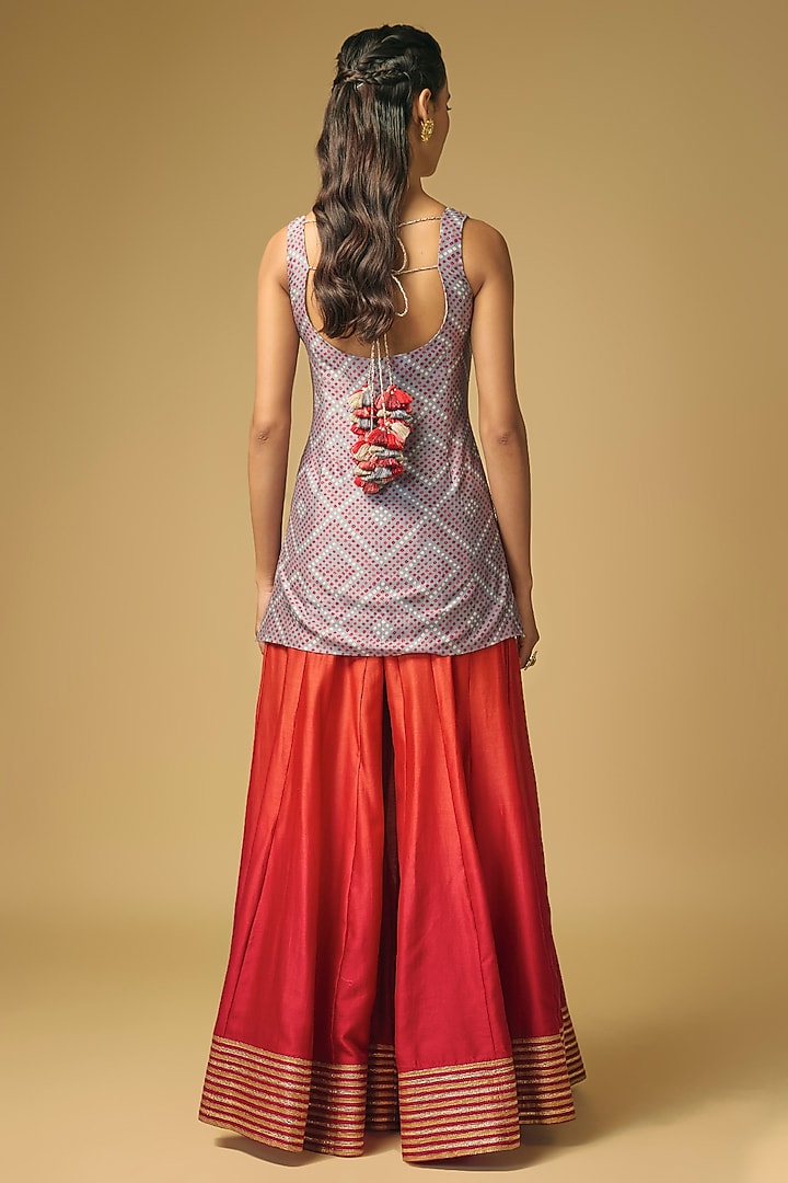 Purple & Coral Orange Chanderi Silk Flared Wedding Sharara Set by LOKA By Veerali Raveshia at Pernia's Pop Up Shop