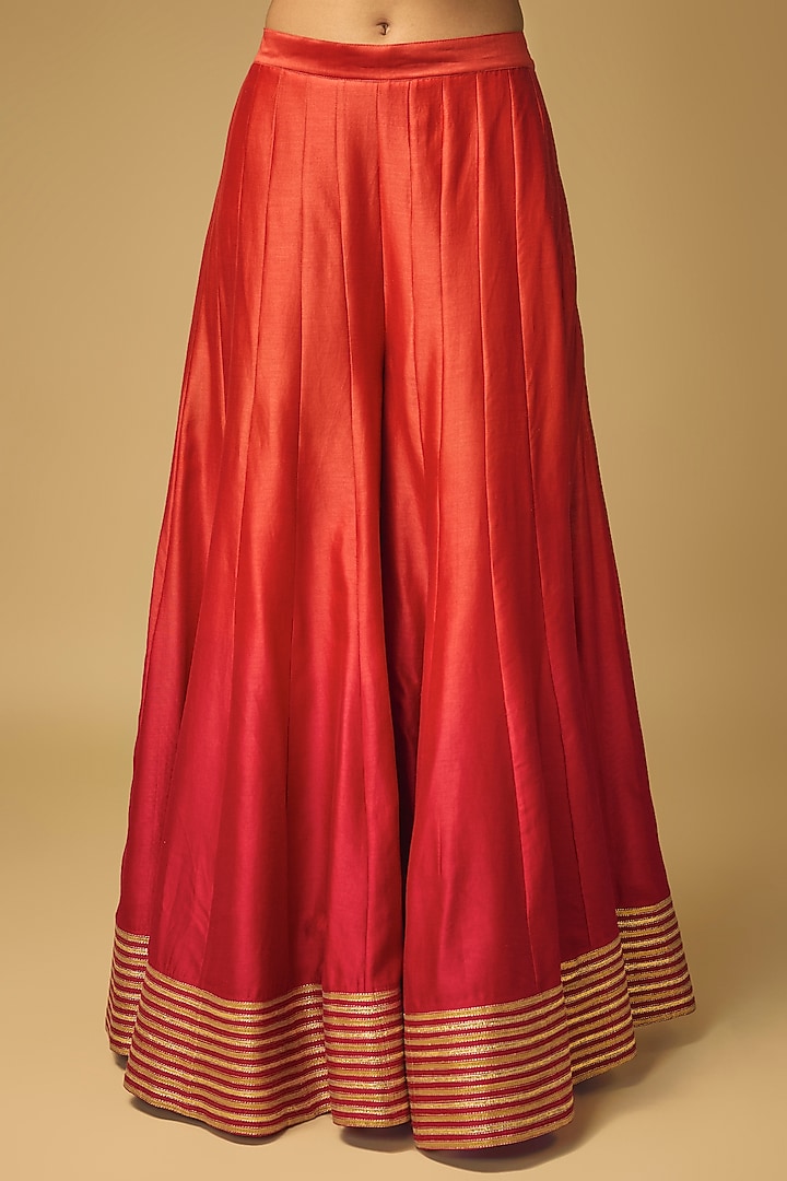 Purple & Coral Orange Chanderi Silk Flared Wedding Sharara Set by LOKA By Veerali Raveshia at Pernia's Pop Up Shop