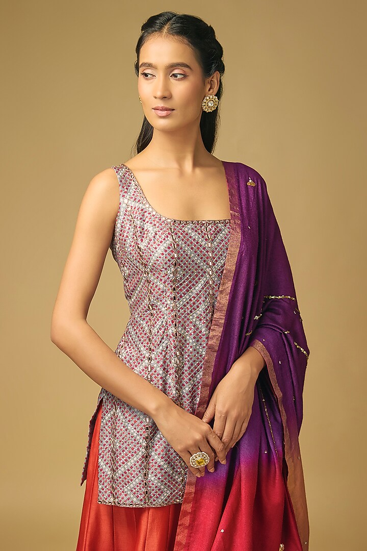 Purple & Coral Orange Chanderi Silk Flared Wedding Sharara Set by LOKA By Veerali Raveshia at Pernia's Pop Up Shop