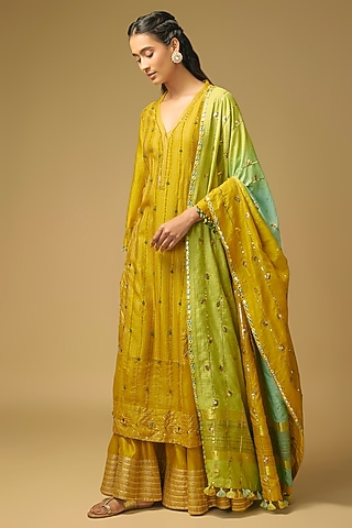 Yellow Silk Sharara Set by LOKA By Veerali Raveshia