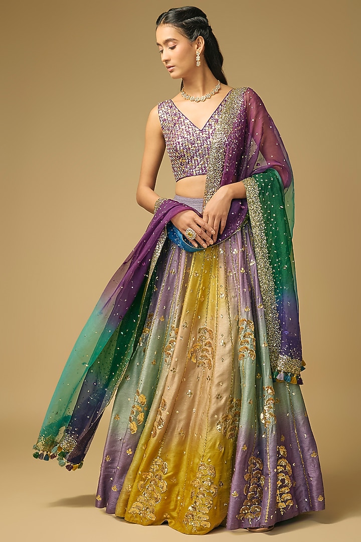 Multi-Colored Dupion Silk Embroidered Bridal Lehenga Set by LOKA By Veerali Raveshia at Pernia's Pop Up Shop