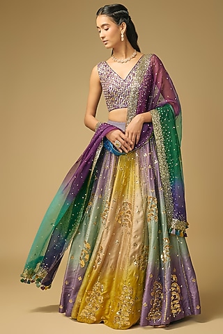 Multi-Colored Dupion Silk Embroidered Lehenga Set by LOKA By Veerali Raveshia