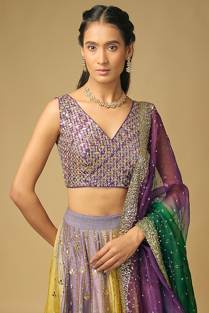 Multi-Colored Dupion Silk Embroidered Bridal Lehenga Set by LOKA By Veerali Raveshia at Pernia's Pop Up Shop