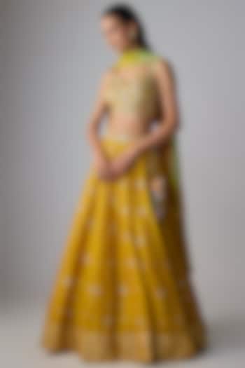 Yellow Dupion Silk Hand Embroidered Bridal Lehenga Set by LOKA By Veerali Raveshia at Pernia's Pop Up Shop