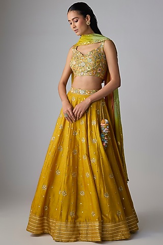 Yellow Dupion Silk Hand Embroidered Lehenga Set by LOKA By Veerali Raveshia