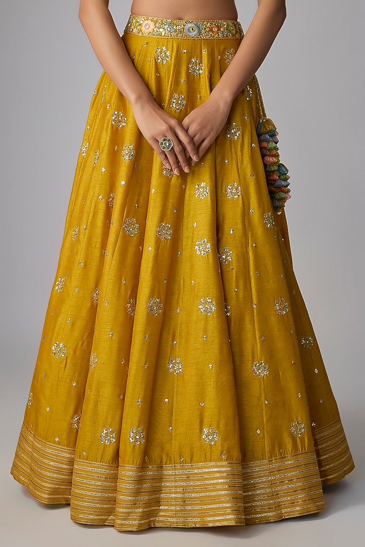 Yellow Dupion Silk Hand Embroidered Bridal Lehenga Set by LOKA By Veerali Raveshia at Pernia's Pop Up Shop