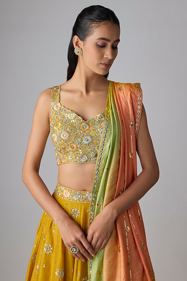 Yellow Dupion Silk Hand Embroidered Bridal Lehenga Set by LOKA By Veerali Raveshia at Pernia's Pop Up Shop