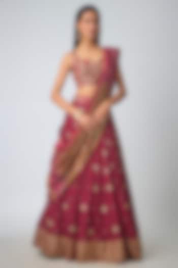 Red Dupion Silk Hand Embroidered Bridal Lehenga Set by Loka By Veerali Raveshia at Pernia's Pop Up Shop