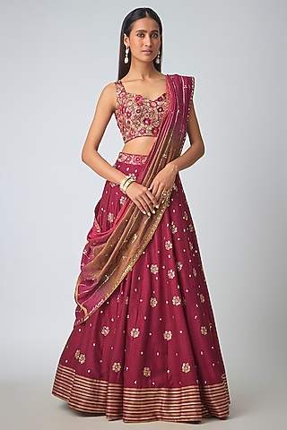 Red Dupion Silk Hand Embroidered Lehenga Set by Loka By Veerali Raveshia