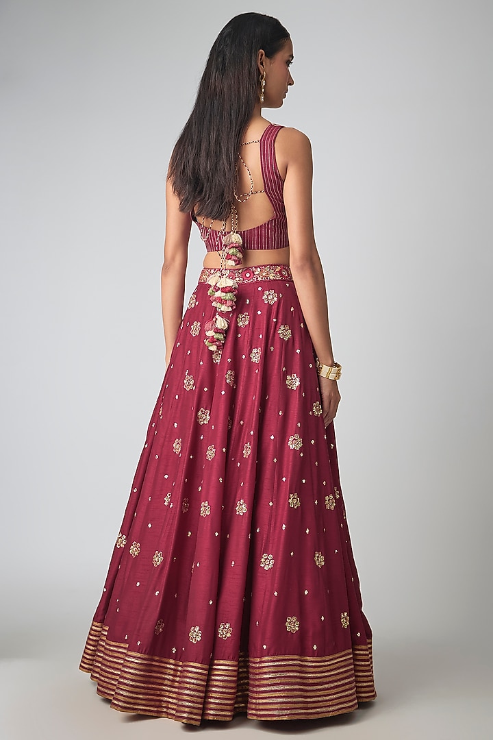 Red Dupion Silk Hand Embroidered Bridal Lehenga Set by Loka By Veerali Raveshia at Pernia's Pop Up Shop