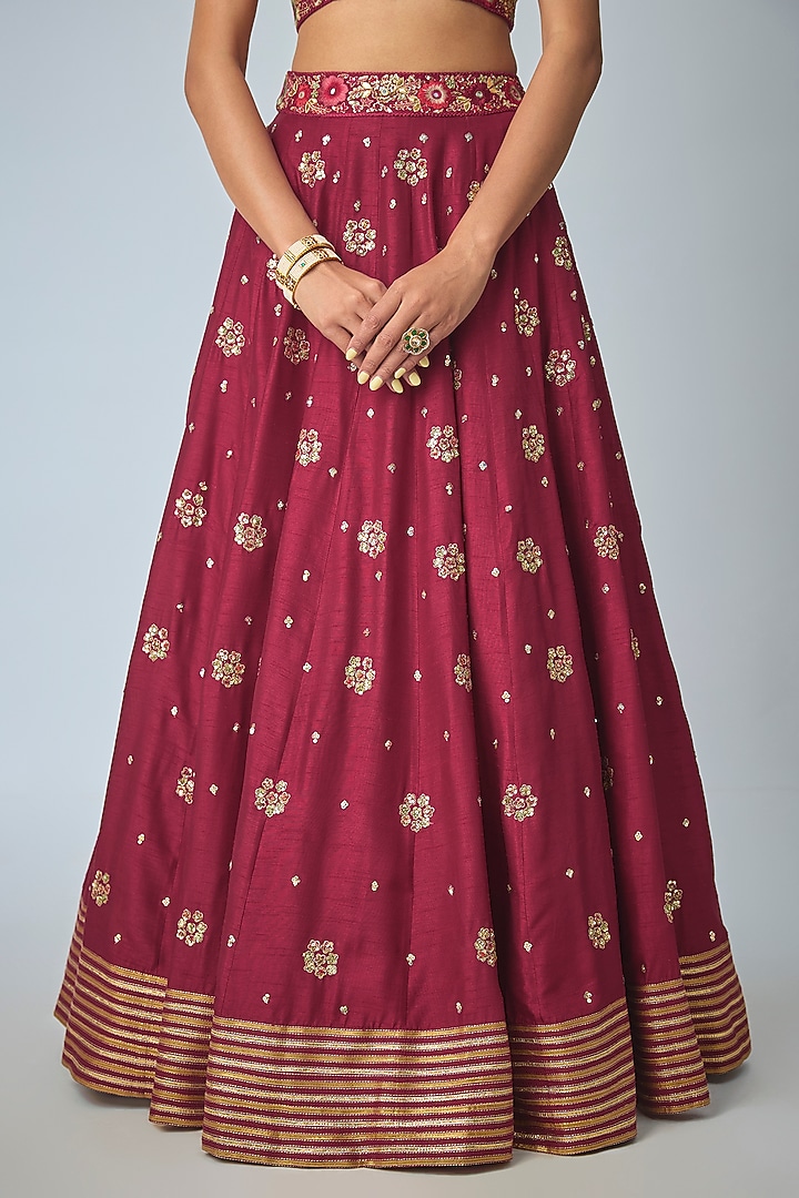 Red Dupion Silk Hand Embroidered Bridal Lehenga Set by Loka By Veerali Raveshia at Pernia's Pop Up Shop