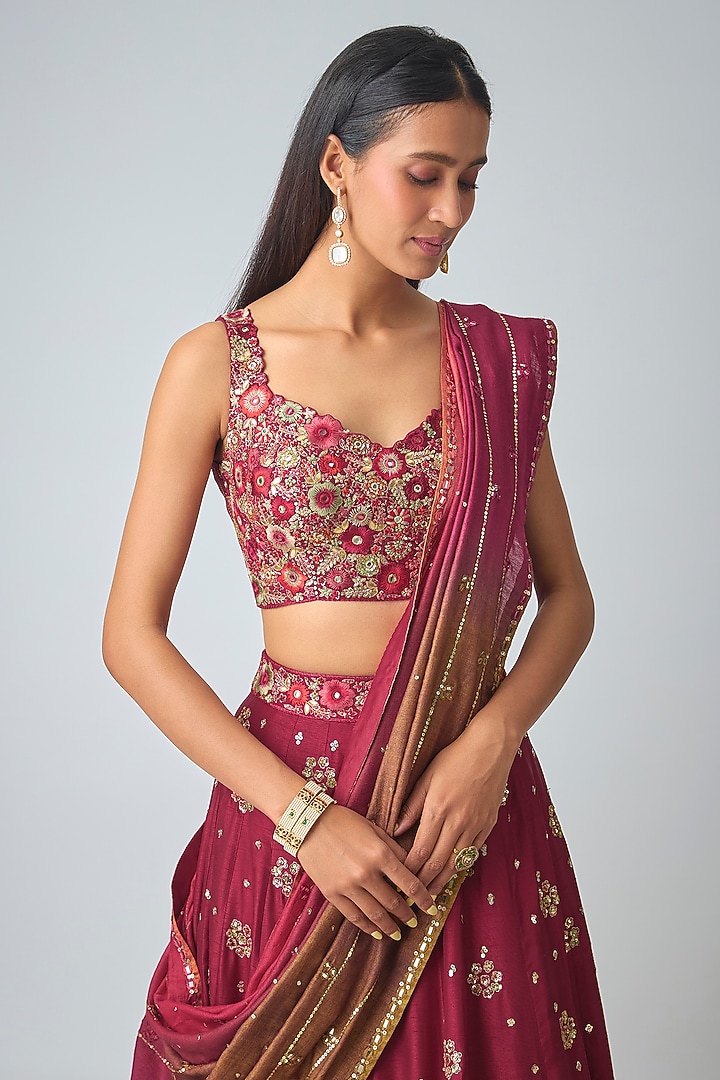 Red Dupion Silk Hand Embroidered Bridal Lehenga Set by Loka By Veerali Raveshia at Pernia's Pop Up Shop