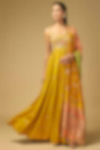 Mustard Yellow Dupion Silk Hand Embroidered Wedding Anarkali by LOKA By Veerali Raveshia at Pernia's Pop Up Shop