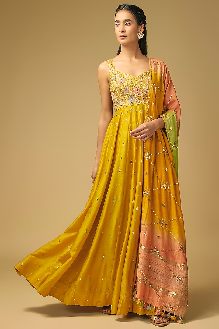 Mustard Yellow Dupion Silk Hand Embroidered Wedding Anarkali by LOKA By Veerali Raveshia at Pernia's Pop Up Shop