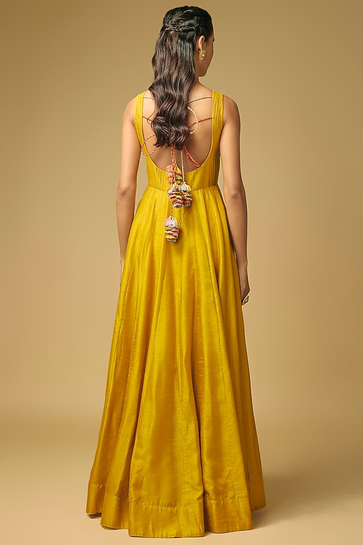 Mustard Yellow Dupion Silk Hand Embroidered Wedding Anarkali by LOKA By Veerali Raveshia at Pernia's Pop Up Shop