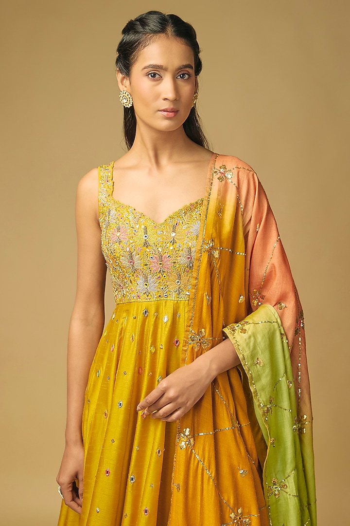 Mustard Yellow Dupion Silk Hand Embroidered Wedding Anarkali by LOKA By Veerali Raveshia at Pernia's Pop Up Shop