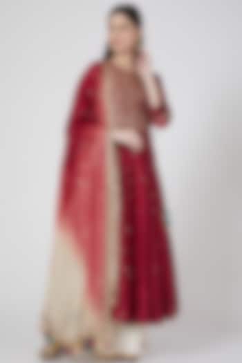 Red Embroidered Kalidar Set by Loka By Veerali Raveshia