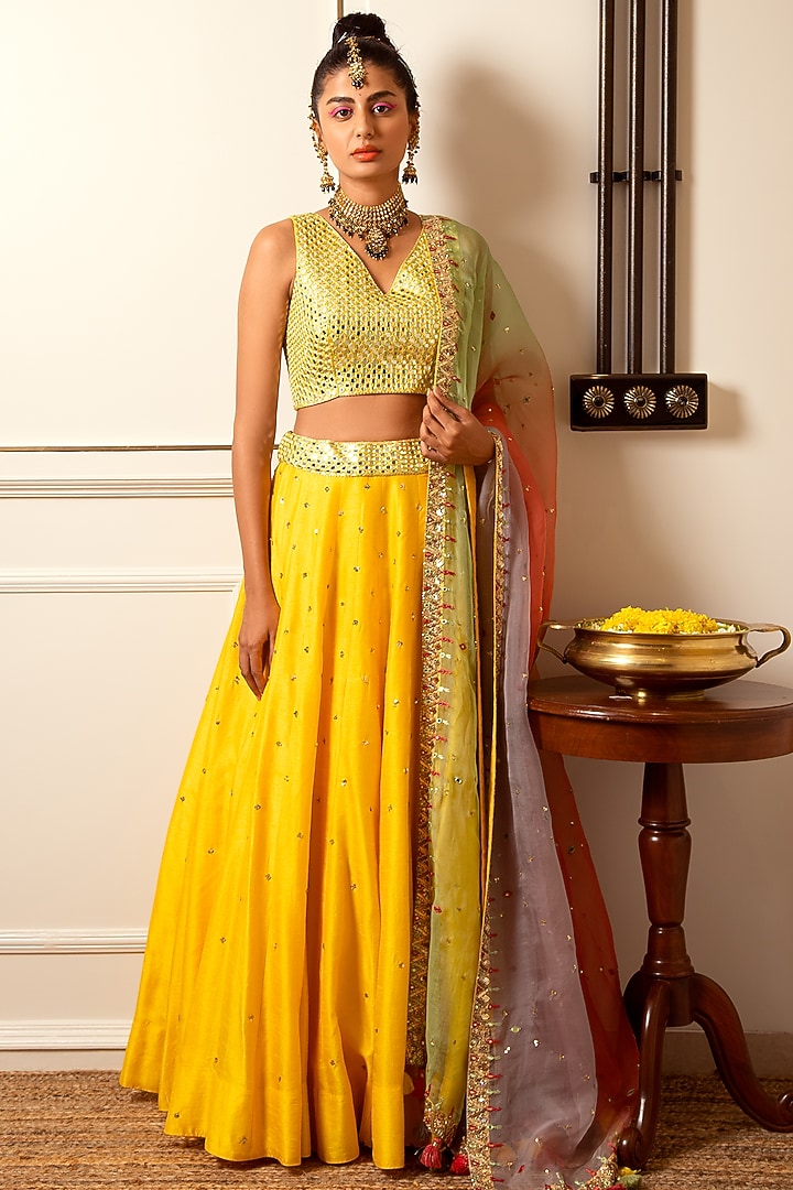 Mango Yellow Hand Embroidered Wedding Lehenga Set by Loka By Veerali Raveshia at Pernia's Pop Up Shop
