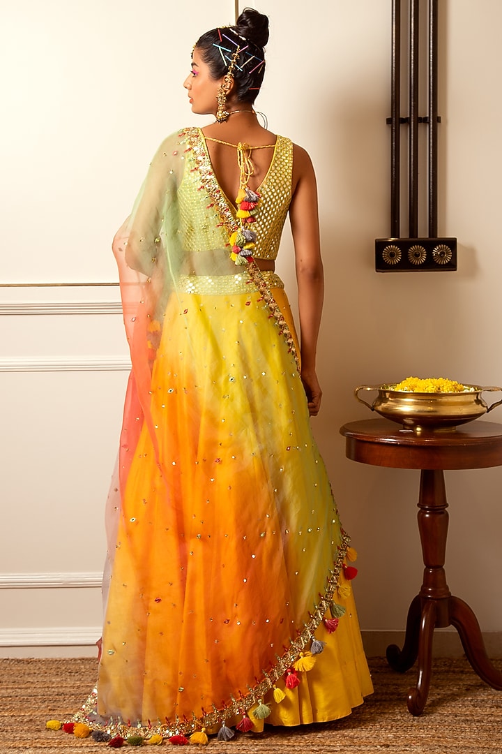 Mango Yellow Hand Embroidered Wedding Lehenga Set by Loka By Veerali Raveshia at Pernia's Pop Up Shop