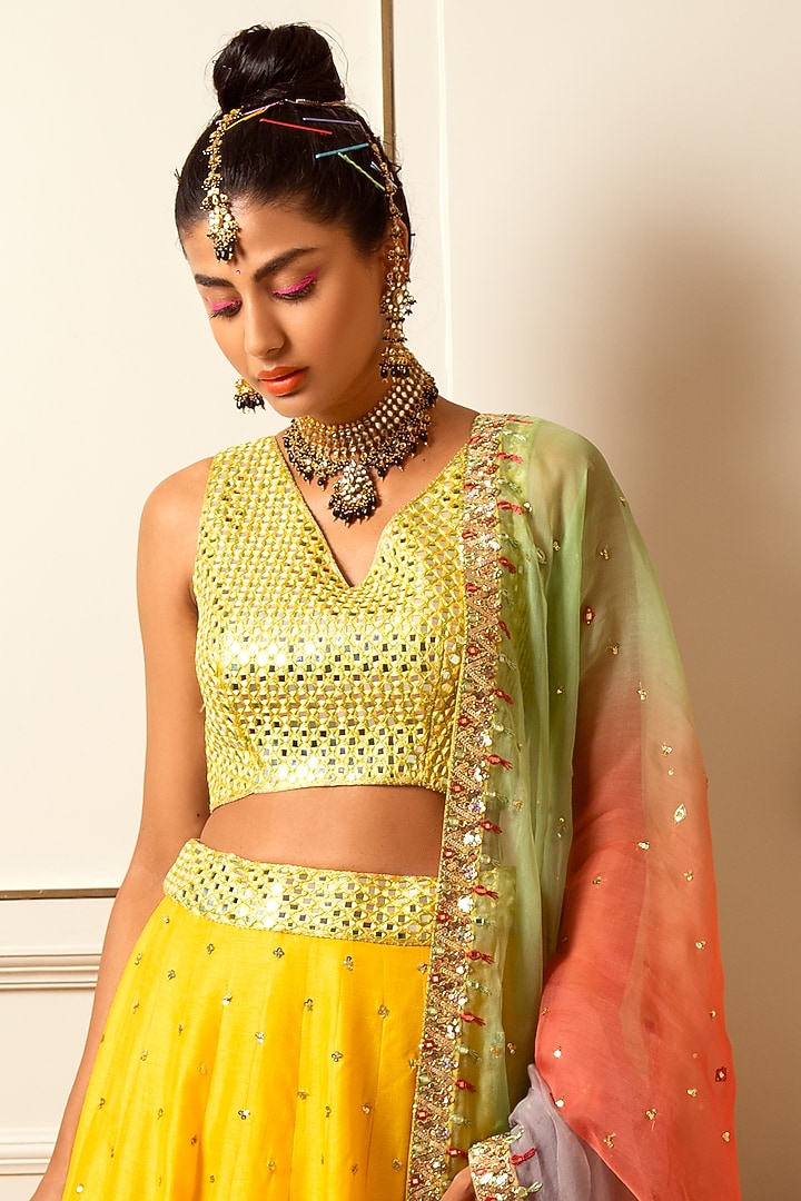 Mango Yellow Hand Embroidered Wedding Lehenga Set by Loka By Veerali Raveshia at Pernia's Pop Up Shop