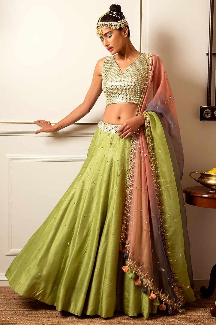 Pista Green Hand Embroidered Wedding Lehenga Set by Loka By Veerali Raveshia at Pernia's Pop Up Shop