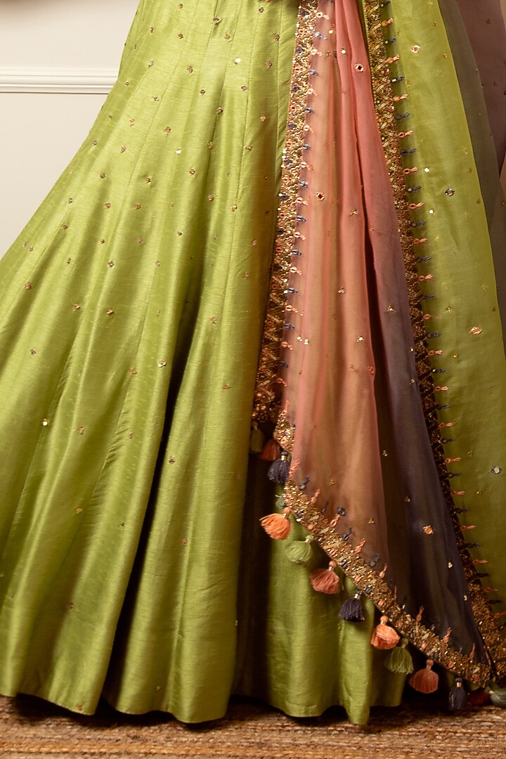 Pista Green Hand Embroidered Wedding Lehenga Set by Loka By Veerali Raveshia at Pernia's Pop Up Shop