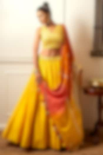 Mango Yellow Hand Embroidered Wedding Lehenga Set by Loka By Veerali Raveshia at Pernia's Pop Up Shop