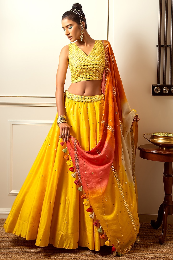 Mango Yellow Hand Embroidered Wedding Lehenga Set by Loka By Veerali Raveshia at Pernia's Pop Up Shop