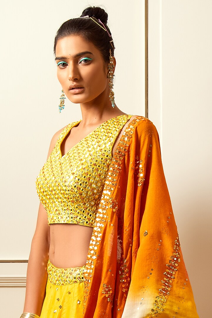 Mango Yellow Hand Embroidered Wedding Lehenga Set by Loka By Veerali Raveshia at Pernia's Pop Up Shop