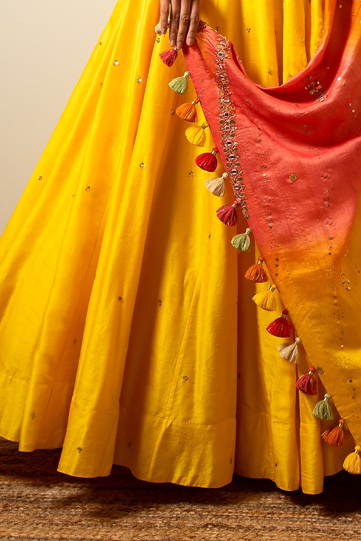 Mango Yellow Hand Embroidered Wedding Lehenga Set by Loka By Veerali Raveshia at Pernia's Pop Up Shop