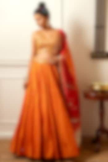 Summer Orange Hand Embroidered Wedding Lehenga Set by Loka By Veerali Raveshia at Pernia's Pop Up Shop