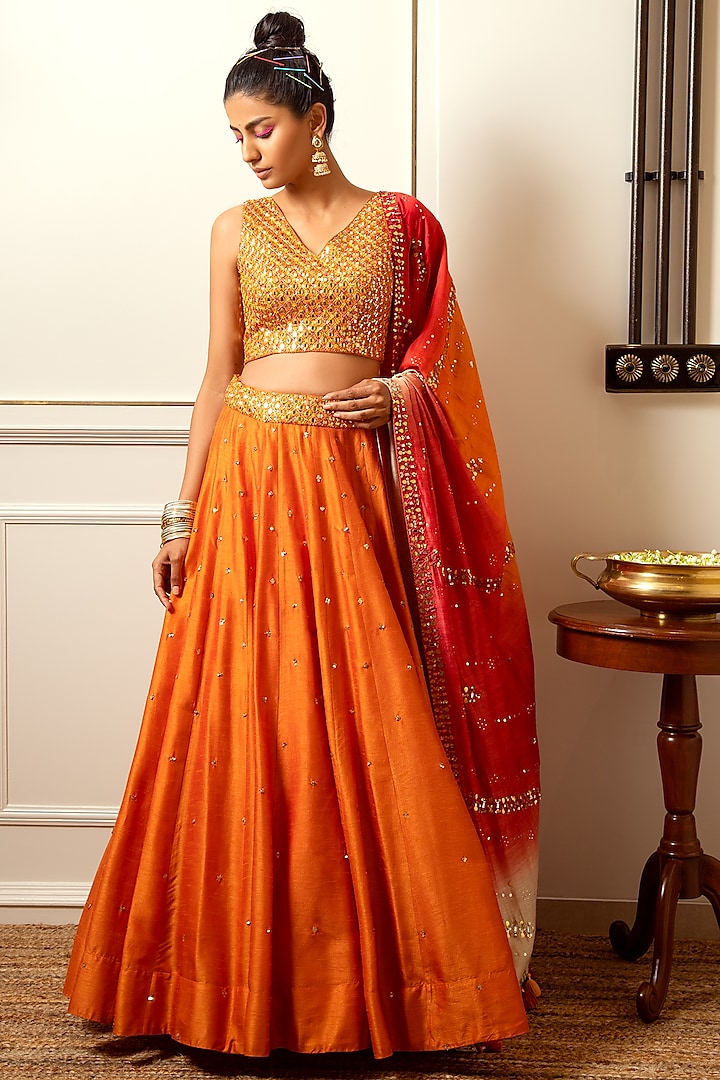 Summer Orange Hand Embroidered Wedding Lehenga Set by Loka By Veerali Raveshia at Pernia's Pop Up Shop