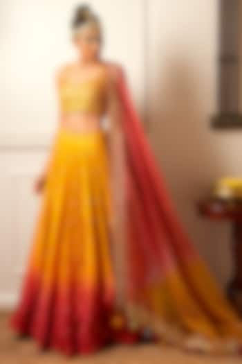 Mango Yellow & Coral Embroidered Wedding Lehenga Set by Loka By Veerali Raveshia at Pernia's Pop Up Shop