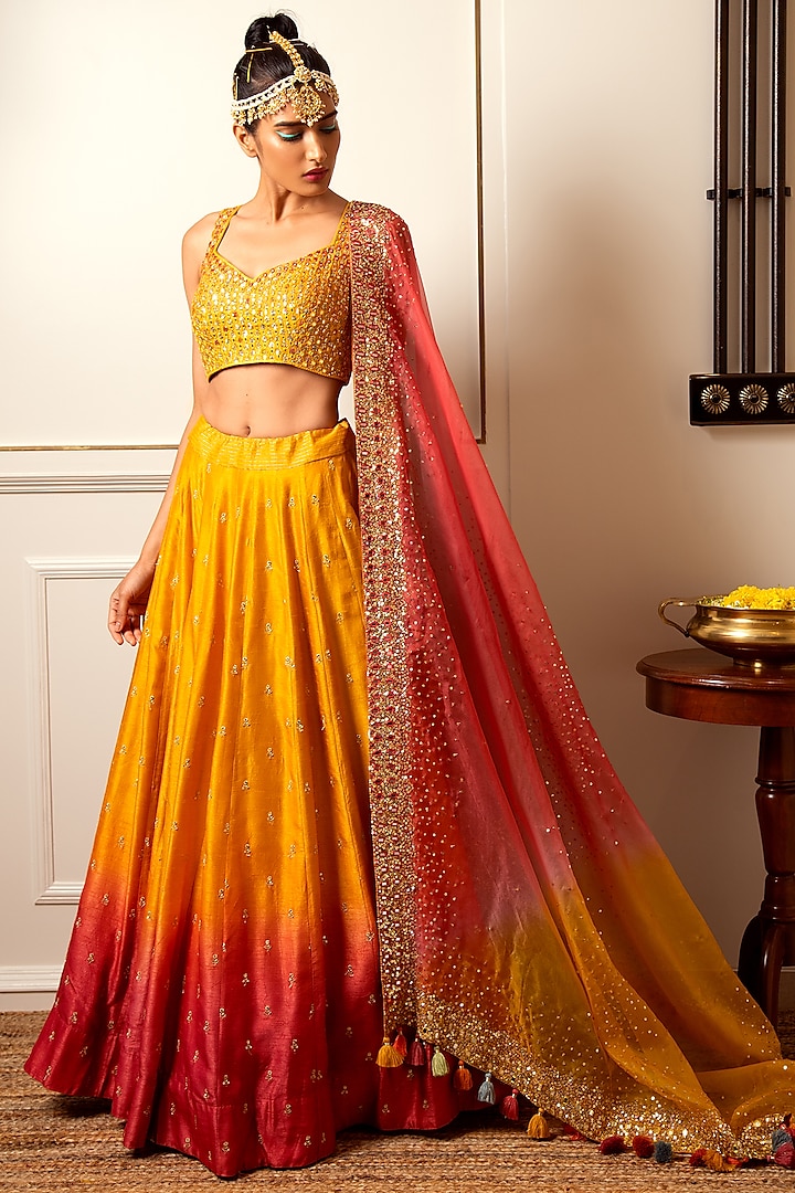Mango Yellow & Coral Embroidered Wedding Lehenga Set by Loka By Veerali Raveshia at Pernia's Pop Up Shop