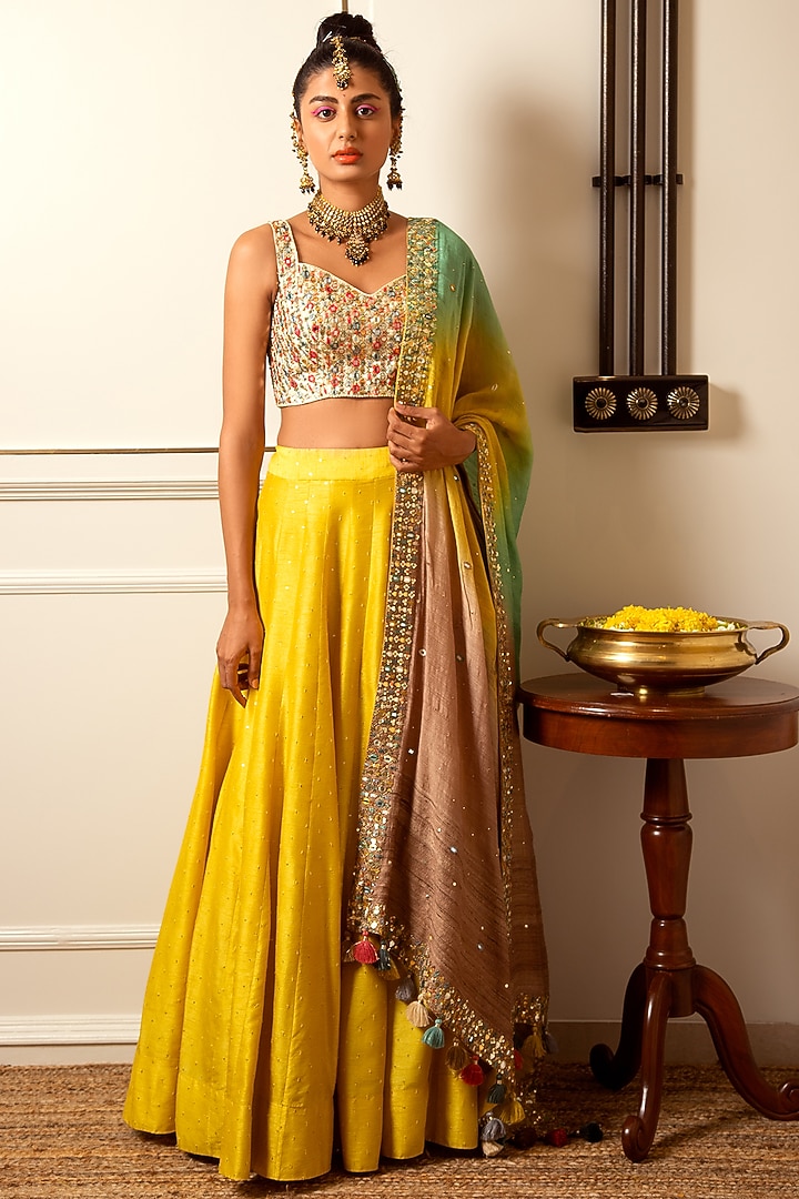 Lime Yellow Dupion Silk Wedding Lehenga Set by Loka By Veerali Raveshia at Pernia's Pop Up Shop