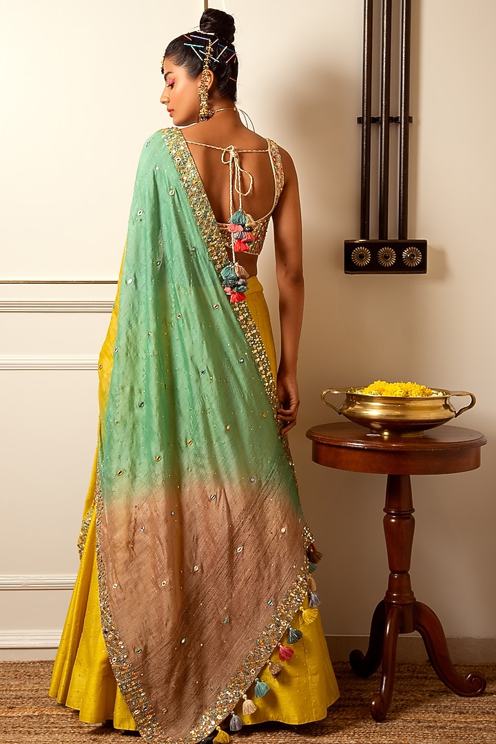 Lime Yellow Dupion Silk Wedding Lehenga Set by Loka By Veerali Raveshia at Pernia's Pop Up Shop