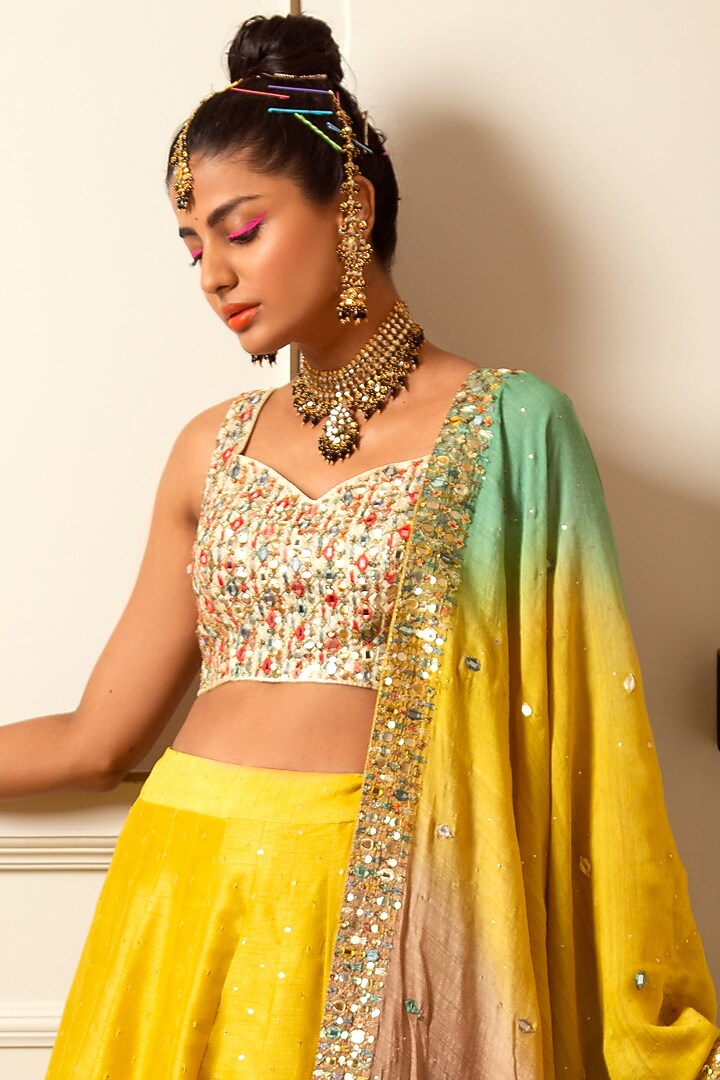 Lime Yellow Dupion Silk Wedding Lehenga Set by Loka By Veerali Raveshia at Pernia's Pop Up Shop