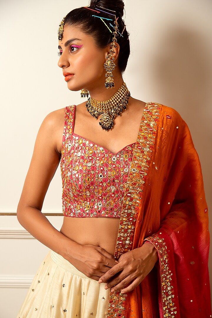 Ivory Dupion Silk Wedding Lehenga Set by Loka By Veerali Raveshia at Pernia's Pop Up Shop