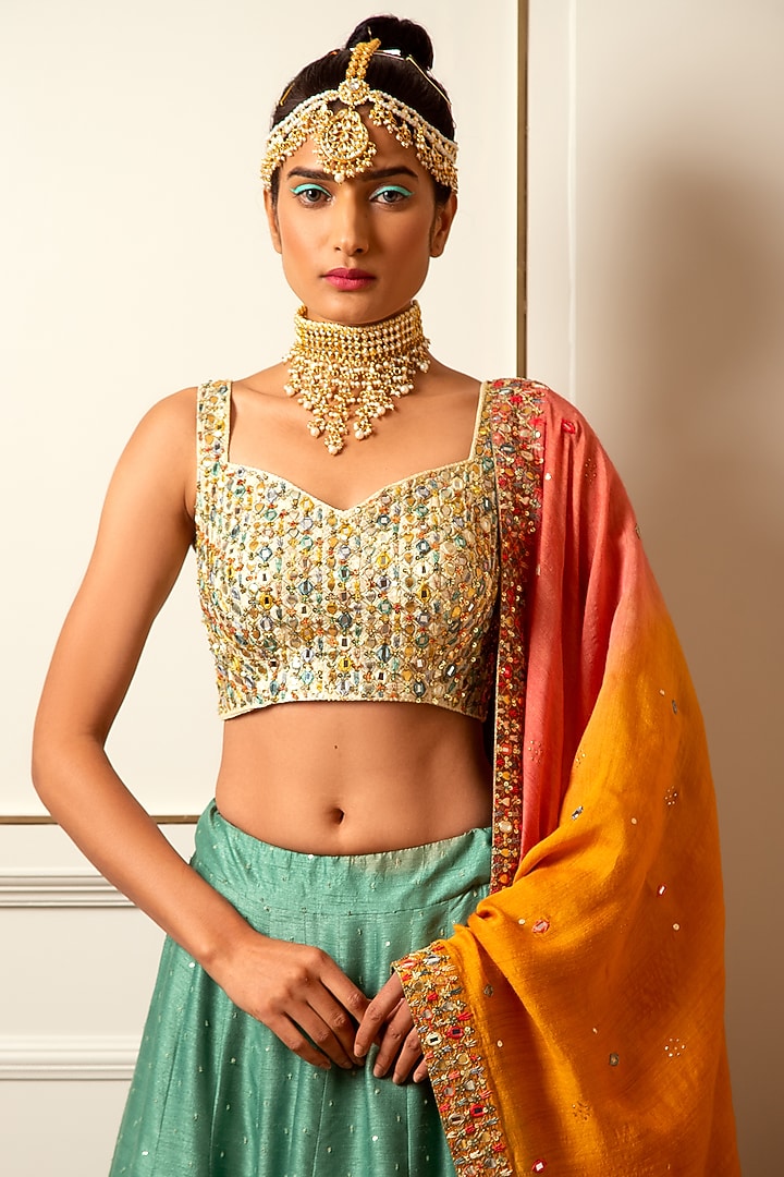Teal Green Dupion Silk Wedding Lehenga Set by Loka By Veerali Raveshia at Pernia's Pop Up Shop