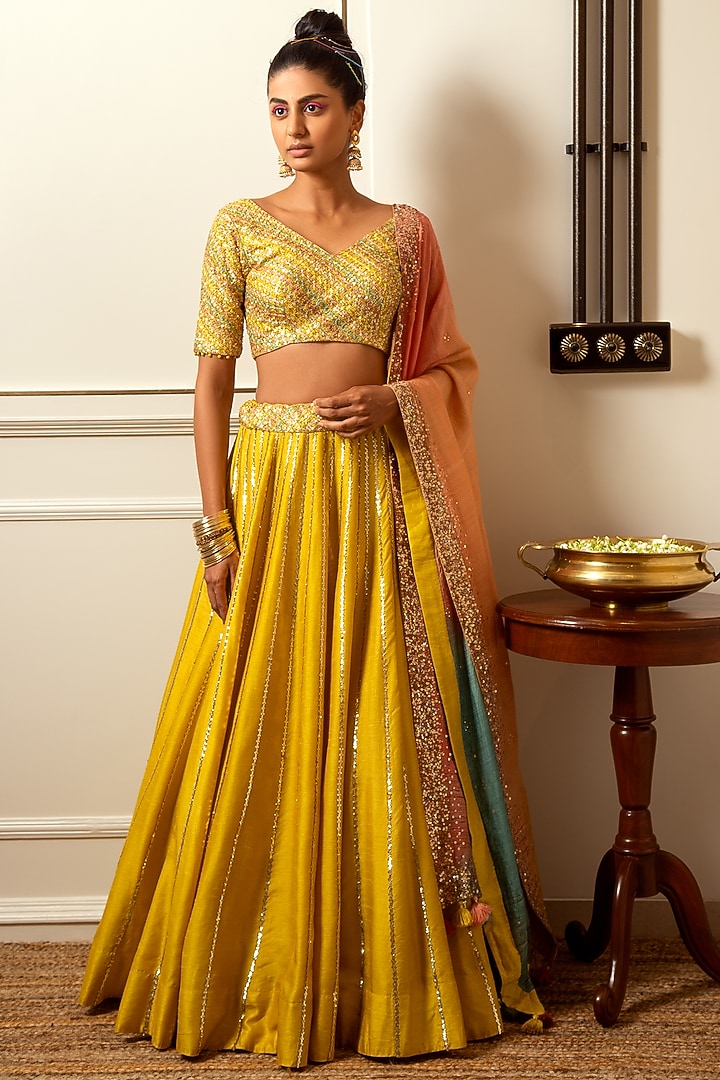 Lime Yellow Embroidered Wedding Lehenga Set by Loka By Veerali Raveshia at Pernia's Pop Up Shop