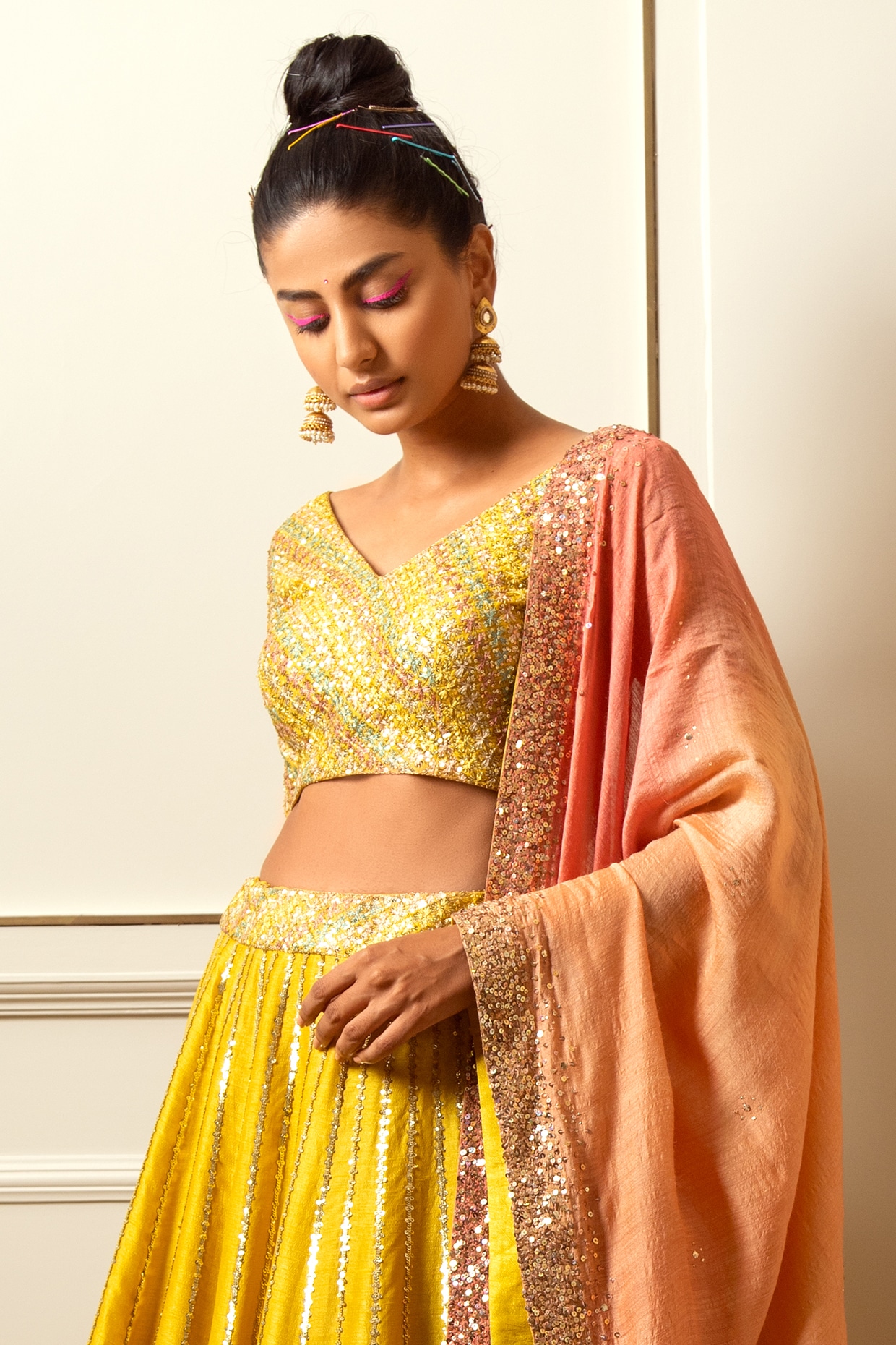 Buy GrabMantra Silk and Cotton Sarees, Grey color pretty Lehenga with  peacock print and unstitched blouse and beautiful yellow chiffon dupatta.  Online at desertcartINDIA