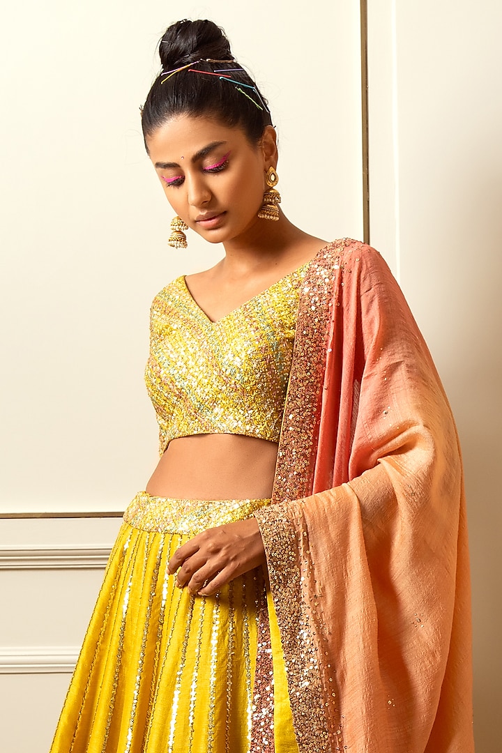 Lime Yellow Embroidered Wedding Lehenga Set by Loka By Veerali Raveshia at Pernia's Pop Up Shop