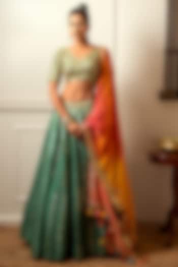 Teal Green Dupion Silk Embroidered Wedding Lehenga Set by Loka By Veerali Raveshia at Pernia's Pop Up Shop